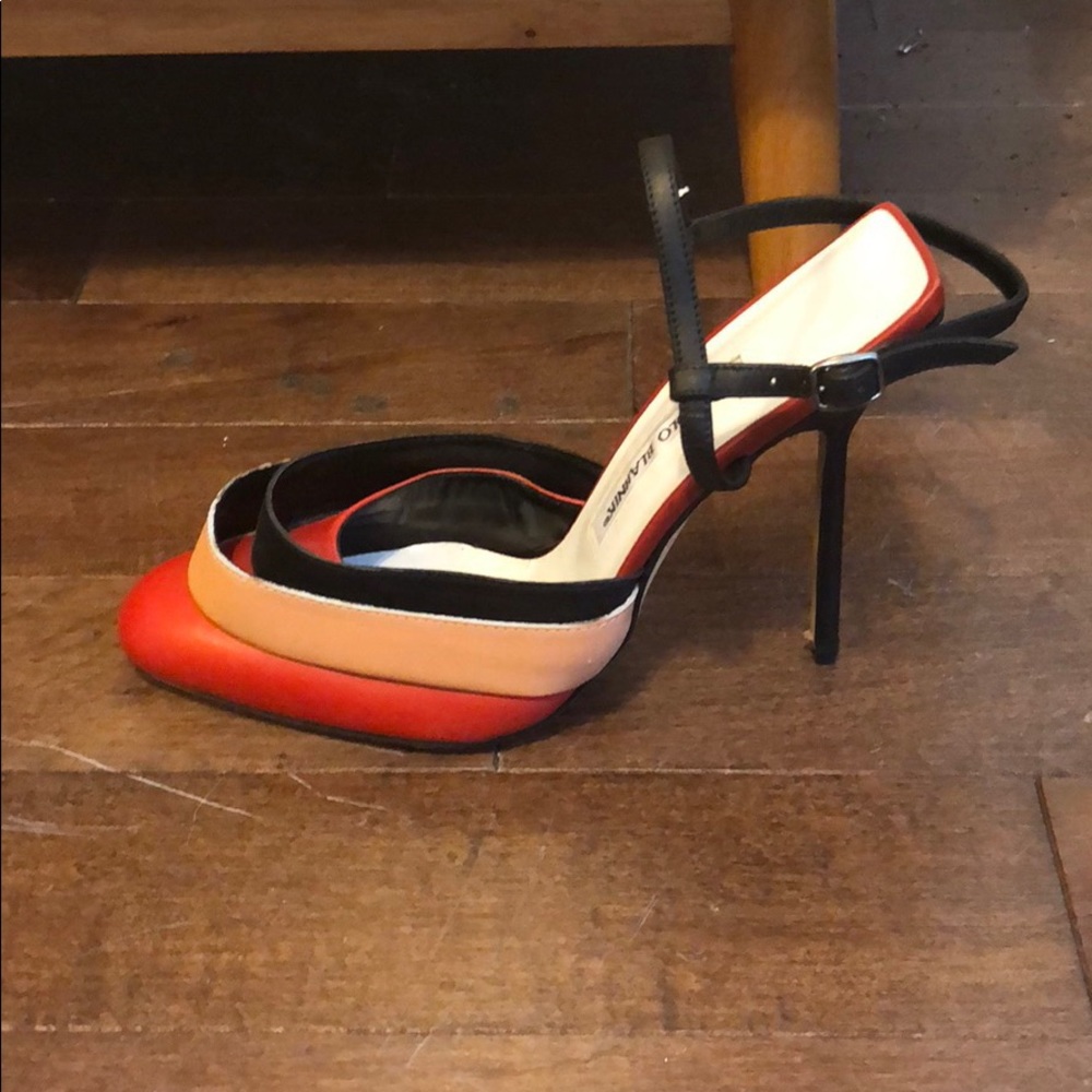 NEW Manolo Rebord Red leather banded heels 38.5